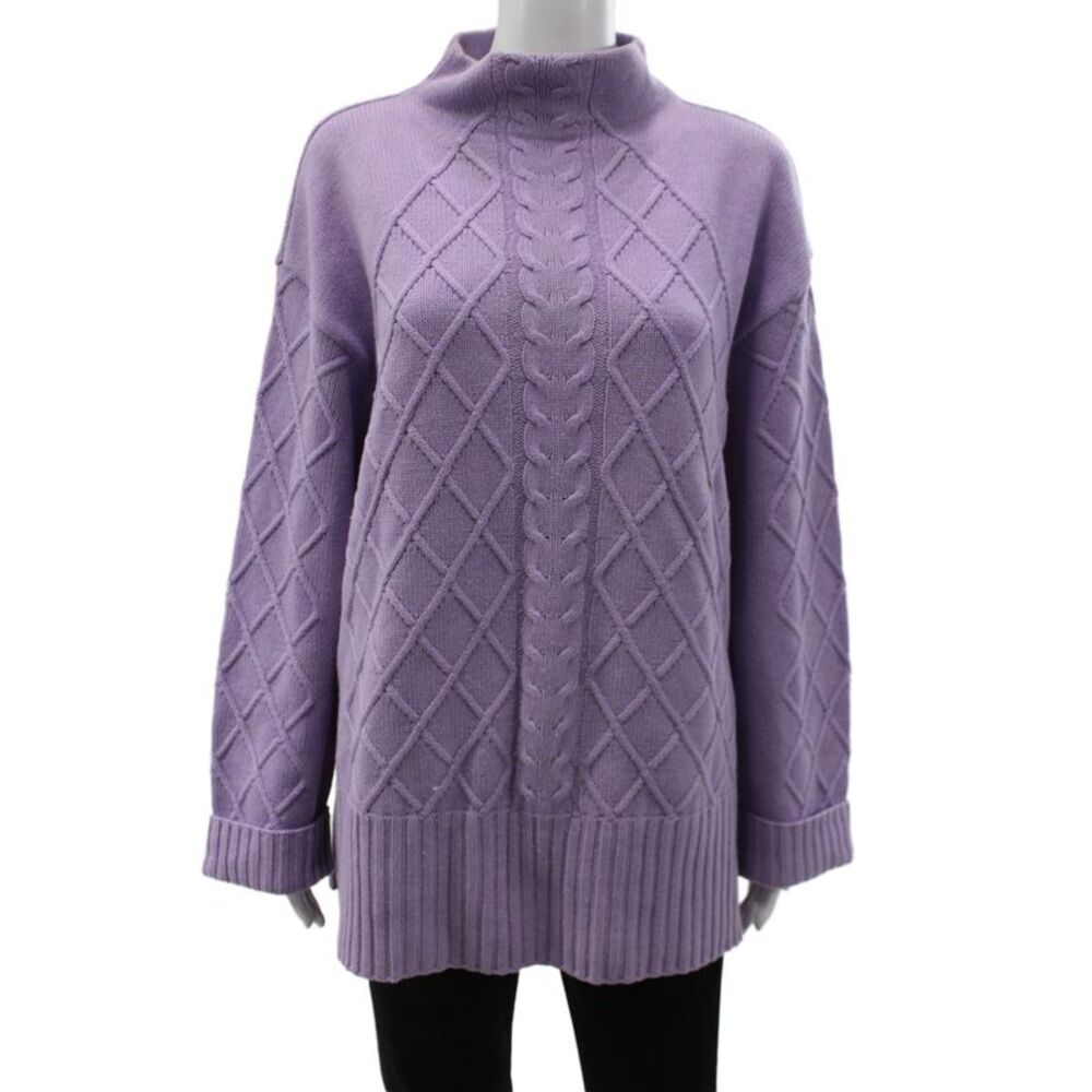 Escada Margaretha Ley Women Purple Argyle Mock Neck Pullover Sweater Size 44